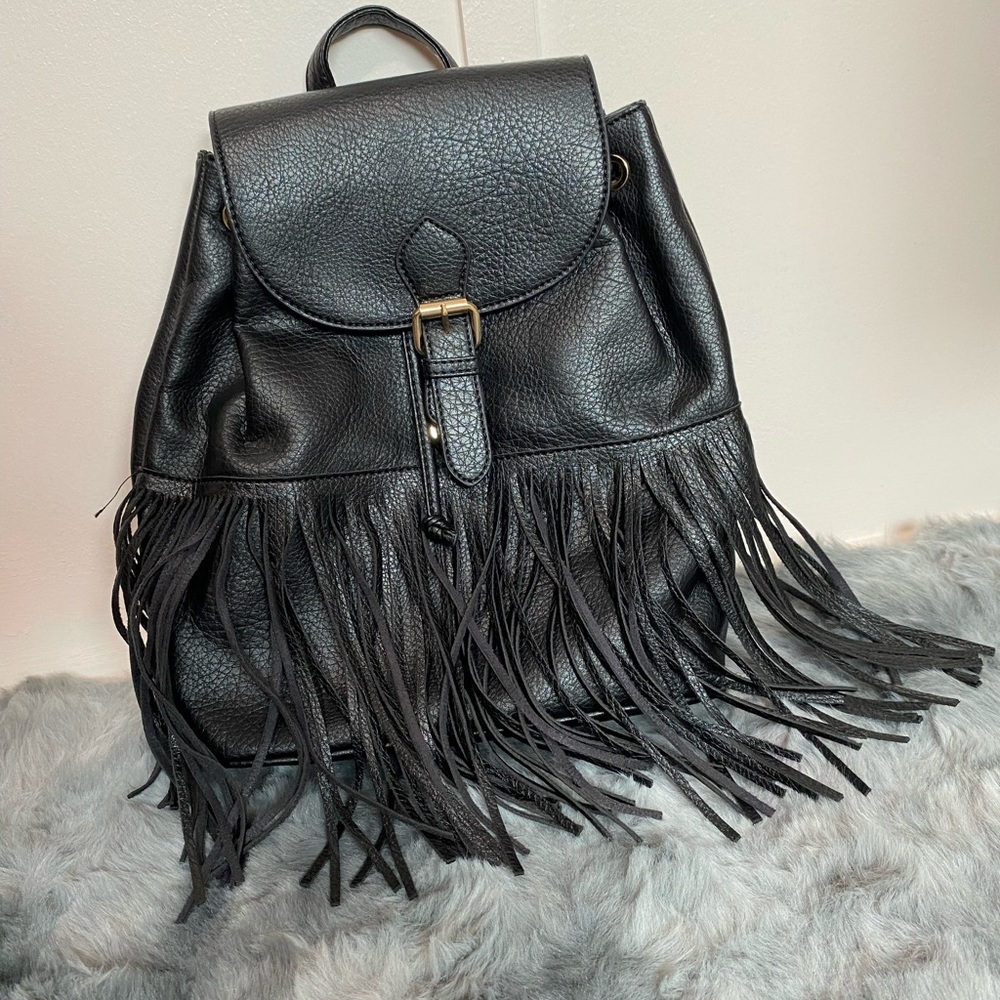 NWT Black Fringe vegan Leather Backpack - Picture 2 of 7